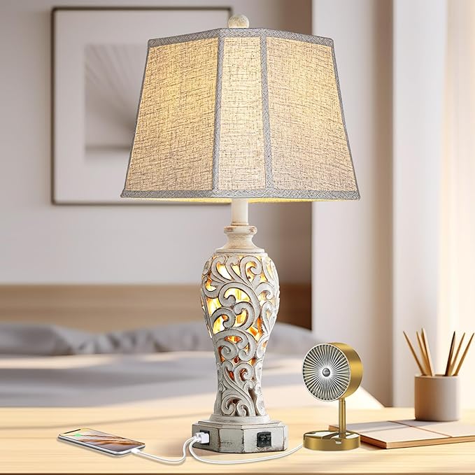 25'' Farmhouse Table Lamp for Living Room Bedroom, 2 USB Ports Vintage Rustic Nightstand Desk Lamp with Nightlight, White Hollow Out Resin Lamp for End Table (Bulb Included)