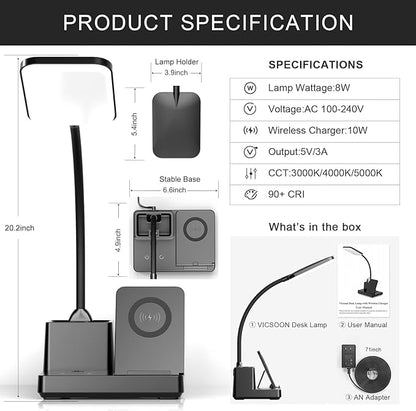 Desk Lamp with Wireless Charger USB Charging Port, Eye-Caring Desk Lamp for Home Office with Pen Holder, Dimmable Table Lamps 3 Color Modes