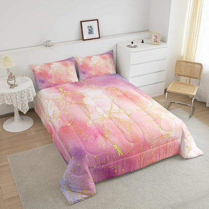 Pink Marble Comforter Set Twin for Girls, Gold Giltter Bronzing Bedding Marble Decor Tie Dye Marbling Bedding Comforter Sets for Kids Teens Women, Tie Dye Fluid Abstract Quilt with 1 Pillowcase