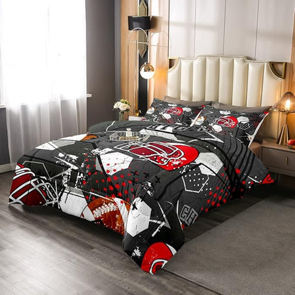 Erosebridal Football Comforter Set Queen,Red American Football Helmet Bedding Set for Kids Boys Teens Men Bed,Grunge Geometric Hexagon Comforter Retro Grey Soft Quilt Duvet Sets with 2 Pillow Cases