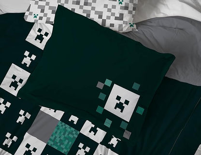 Minecraft Creeper Full Comforter Set - 7 Piece Gamer Bedding includes Sheet Set & Pillow Covers - Super Soft Checkered Kids Bedding