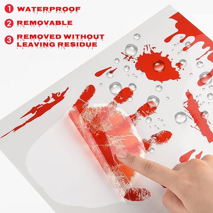 KUUQA 4 Pcs Bloody Handprint Clings Horror PVC Stickers Decals for Halloween Decorations