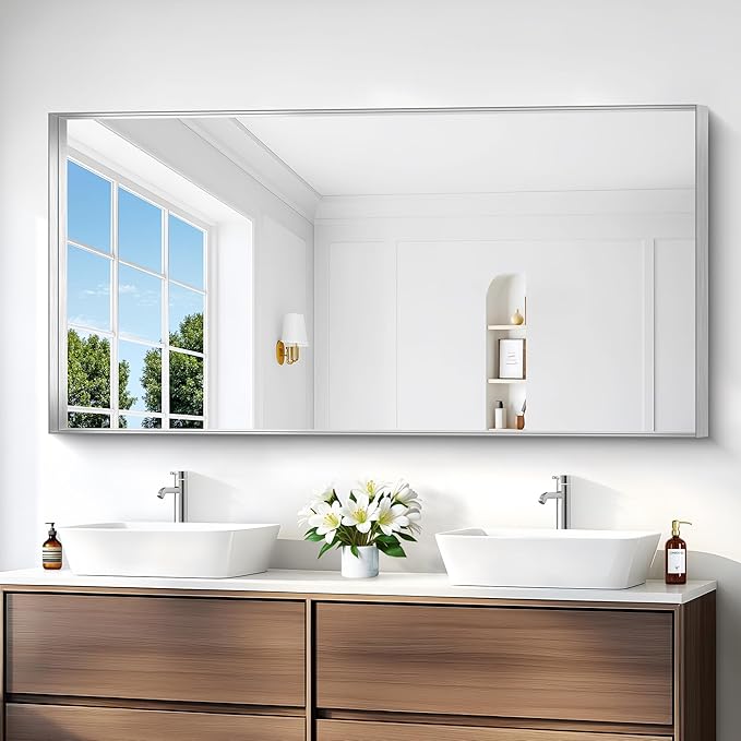 Silver Bathroom Mirror, 30x60 Inch Rectangular Deep Frame Mirror, Large Wall Mounted Bathroom Vanity Mirror Over Sink for Bedroom,Restroom, Living Room, Hangs Vertically or Horizontally
