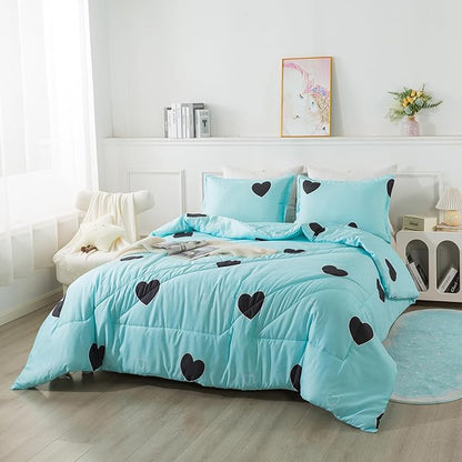 Love Pattern Girls Comforter Set Queen Size, Sky Blue Cute Love Heart Print Comforter Bedding Set for All Seasons, Geometric Soft Microfiber 3 Pieces Comforter Set with Pillowcases