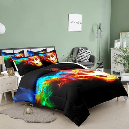 Bodhi Boys Comforter Set Full,Soccer Comforter Set Full Size,Fire Sports Comforter Set for Boys,Teen Football Bedding Set with Matching Pillowcases,Kids Bedding Set Full