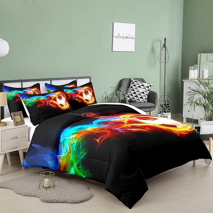 Bodhi Teen Bedding Set Twin,Soccer Comforter Set for Boys,Fire Sports Comforter Set Twin Size,Boys Football Comforter Set with Matching Pillowcases,Boys Bedding Set Twin