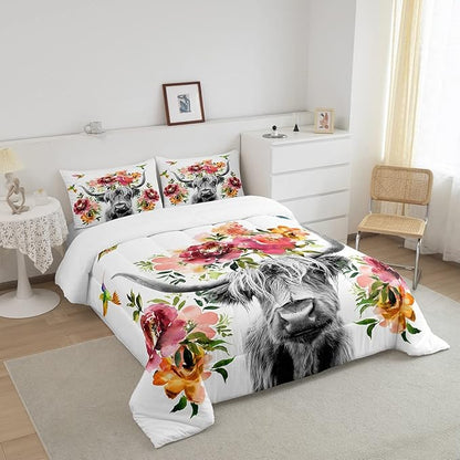 Erosebridal Highland Cow Floral Comforter Set King Size Bull Cattle Flower Bedding Set Wildlife Farmhouse Cow Quilt Hummingbird Duvet Insert Soft All Season White Down Comforter with 2 Pillowcases