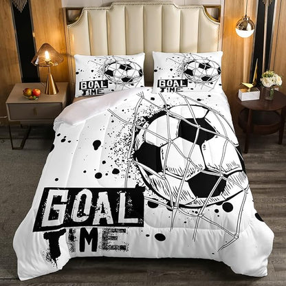 Erosebridal Kids Football Comforter Set Queen Size American Soccer Bedding Set Sports Games Duvet Sets for Boys Girls Children Teens Geometric Polygon Down Comforter for Bedroom, Black White