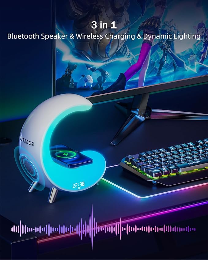 Multifunctional Bluetooth Speaker with Desk Lamp, Table Lamp Ambient Lighting with Wireless Fast Charging, Alarm Clock, Running Lights Table Lamps, Mood lights