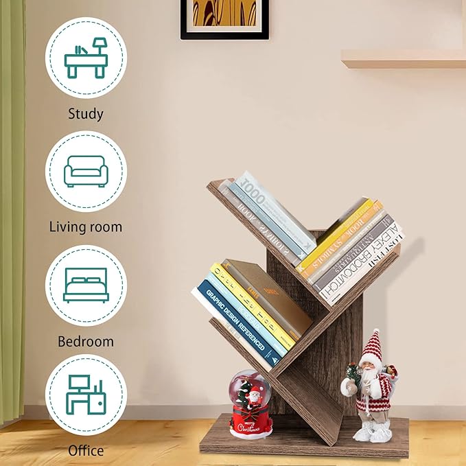 Tree Bookshelf, 3-Tier Small Book Storage Organizer Shelves Floor Standing Bookcase, Wood Storage Rack for Office Home School Shelf Display for Cd/Magazine（Dark Walnut ）