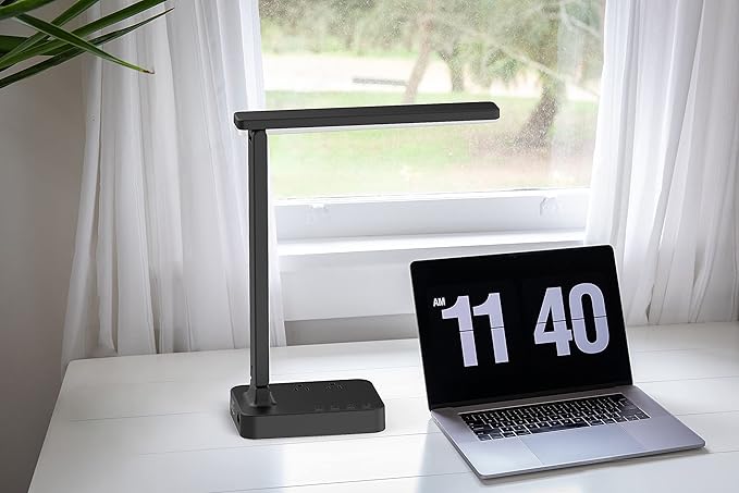 Drevet LED Desk Lamp, Desk Light with 1 USB Charging Port and 2 AC Power Outlet, 3 Lighting Modes, 3 Level Brightness,1H Timer, Touch Control, Eye-Caring Home Office Foldable Table Lamp (Black)