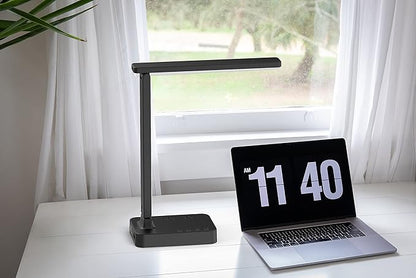 Drevet LED Desk Lamp, Desk Light with 1 USB Charging Port and 2 AC Power Outlet, 3 Lighting Modes, 3 Level Brightness,1H Timer, Touch Control, Eye-Caring Home Office Foldable Table Lamp (Black)