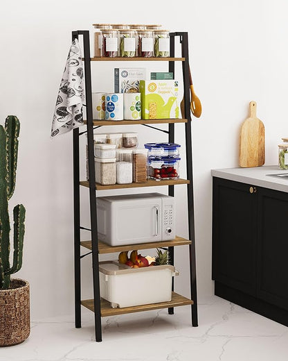 Ladder Shelf, Bookshelf Bookcase, Freestanding Corner Storage Shelve with 2 Hooks for Home Office, Living Room, Kitchen, Bedroom, Industrial, 5-Tier Rustic Brown BC19301B