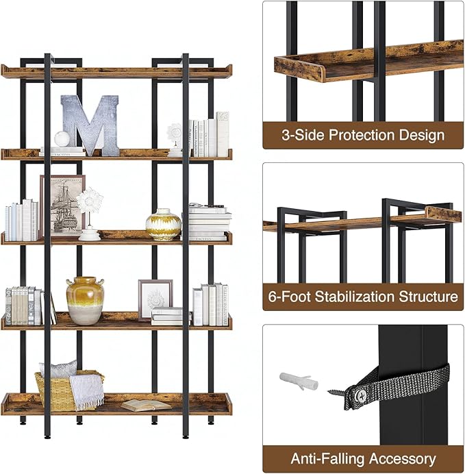 Rolanstar Bookshelf 5-Tier, 71.8’’H Industrial Book Shelf, Large Bookcases and Bookshelves with Open Shelves, Open Display Shelves with Metal Frame for Living Room Bedroom Home Office, Rustic Brown