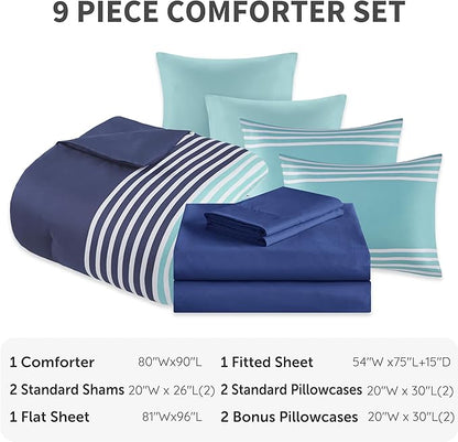 Comfort Spaces Full Comforter Sets with Sheets - Bed in a Bag 9 Pieces Teen Bedding Sets Full, Navy and Grey Stripes Bedding Full, College Full Bed Set, 2 Side Pocket Bedroom Organizer Full Navy