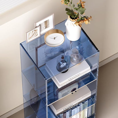 Acrylic Bookcase, 3 Tier Clear Floor Standing Bookshelf, 31.5 inch Tall Display Cube Storage Shelf Home Decor Furniture for Home, Office, Living Room, Bedroom - Transparent Blue