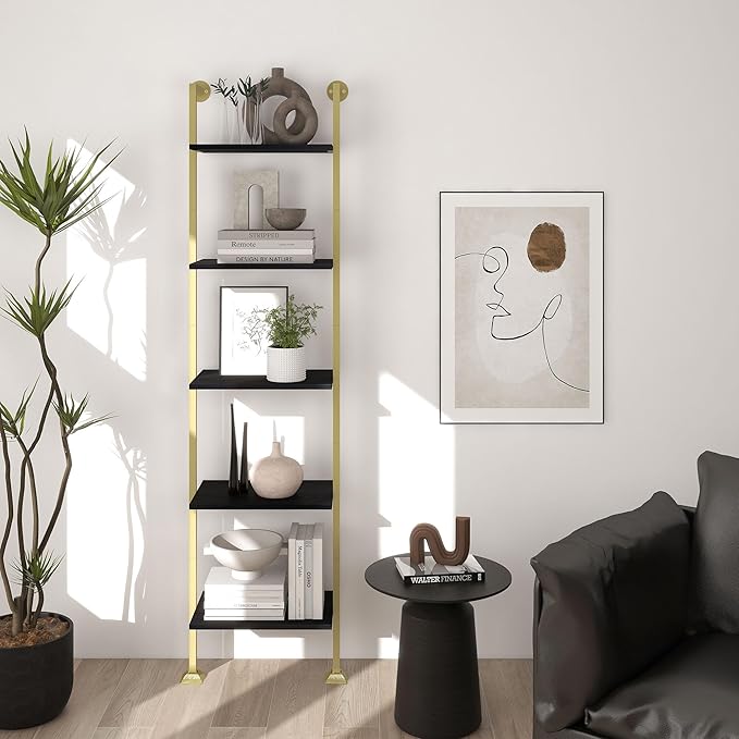 Axeman 5-Tier Ladder Bookcase, Tall Narrow Bookshelf for Small Spaces, Modern Book Storage Organizer Case Open Shelves for Bedroom, Living Room, Office, Library, Gold Metal Frame and Blakc Shelf