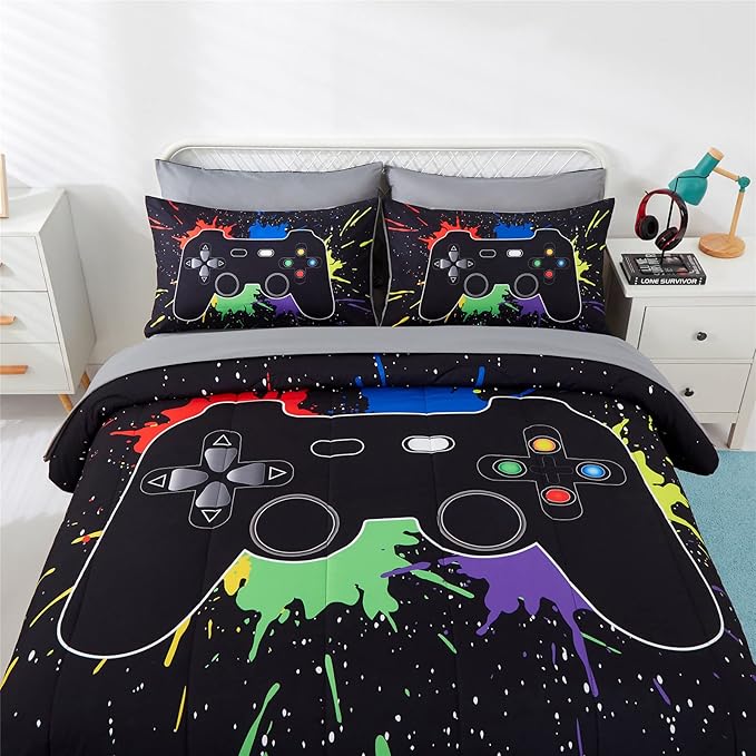 KAKKI 4 Piece Boys Twin Gamer Comforter Set with Sheets, 3D Colorful Video Game Controller Comforter for Kids Teen, All Season Soft Microfiber Gaming Bedding Set(Black,Twin)
