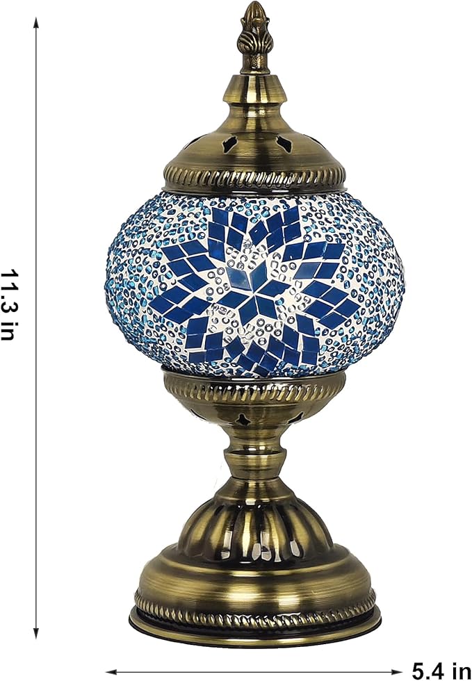Turkish Mosaic Lamp Bohemian Tiffany Style Stained Glass Bedside Lamp for Bedroom (Blue)