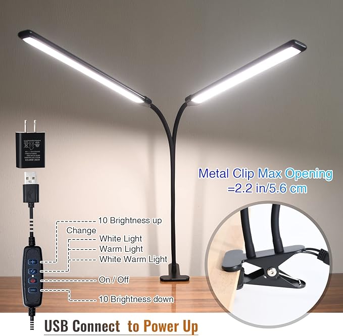 Desk Lamp, Clamp on Lamp with 2 LED Tubes, 13W, 1200 Lms, 3 Color Modes, 10 Brightness Levels, 18.5 Inches Flexible Gooseneck LED Clip Book Light for Reading, Working (Adapter Included)