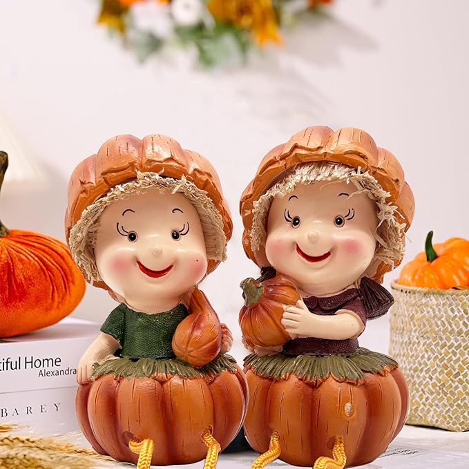 KiaoTime Fall Thanksgiving Scarecrow Pumpkin Shelf Sitters with Dangling Legs Decoration, Set of 2 Fruit Harvest Sculpture for Window Sill Kitchen Tabletop Autumn Home Decoration