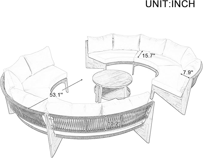 Merax Outdoor Sectional Patio Furniture Sets, Half Moon All Weather Wicker Seating Group, with Cushions and Round Coffee Table, Grey