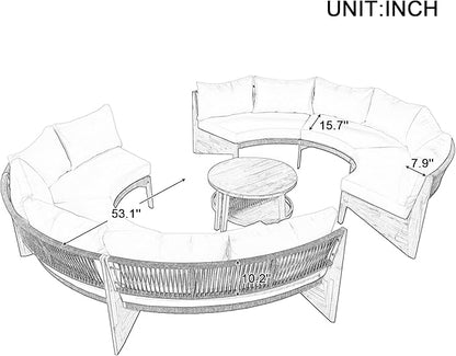 Merax Outdoor Sectional Patio Furniture Sets, Half Moon All Weather Wicker Seating Group, with Cushions and Round Coffee Table, Grey
