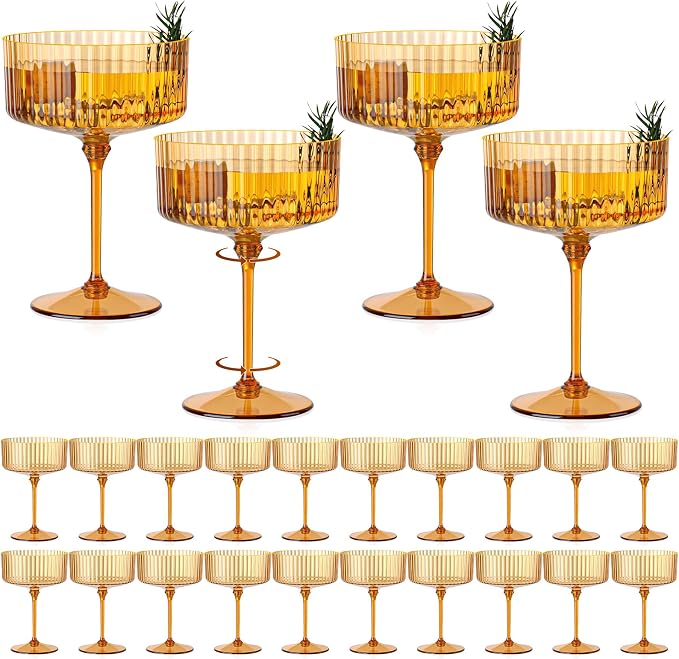24 PCS Ribbed Coupe Glasses Amber Plastic Champagne Coupe Cup 10oz Detachable Gold Rim Espresso Martini Glass Vintage Margarita Glassware Cocktail Glass Disposable for Thanksgiving Wedding