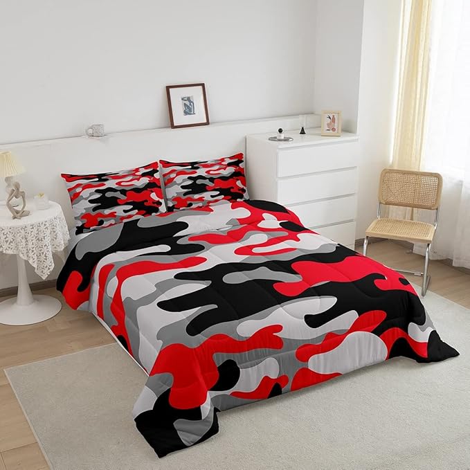 Feelyou Twin Size Camouflage Comforter Set 3Pcs Kids Bedding Set for Boys Girls Teens 1 Comforter & 2 Pillowcases(Twin,Red Black)