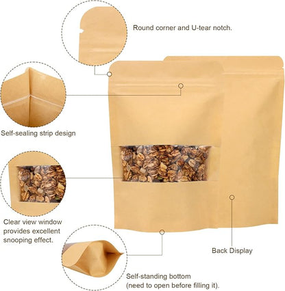 50 Pack Kraft Paper Resealable Bags with Clear Window (5.5 X 7.9 Inches) | Heat Sealable Stand Up Pouch Bags with Tear Notches for Small Business, Spices, Granola Storage