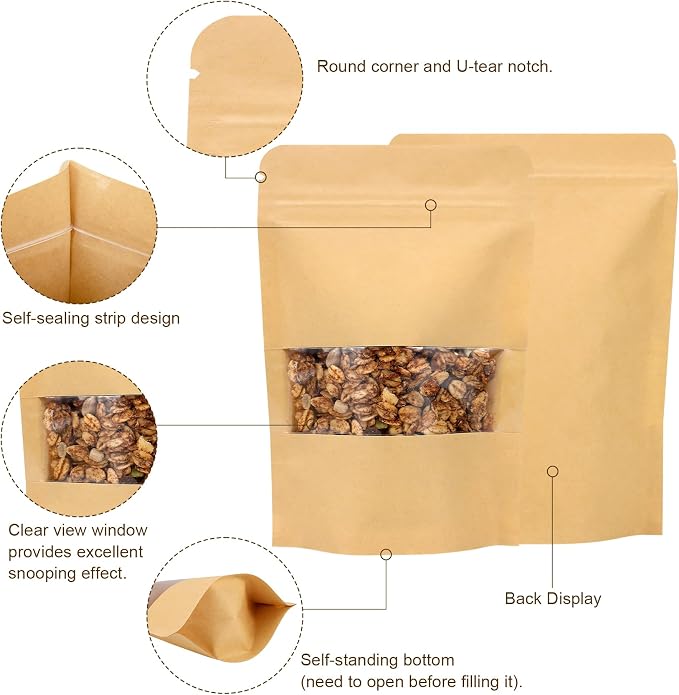 50 Pack Kraft Paper Resealable Bags with Clear Window (4 X 6 Inches) | Heat Sealable Stand Up Pouch Bags with Tear Notches for Small Business, Spices, Granola Storage