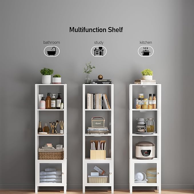 TUTOTAK 5 Tier Bookcase and Bookshelf, Narrow Book shelf with Door for Small Space, for Living Room, Office, Study, Entryway, White BS03BW005