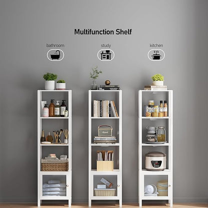 TUTOTAK 5 Tier Bookcase and Bookshelf, Narrow Book shelf with Door for Small Space, for Living Room, Office, Study, Entryway, White BS03BW005