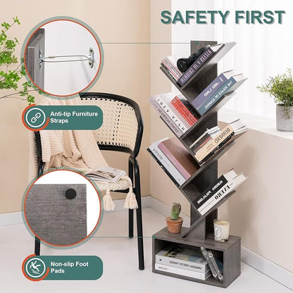 Yoobure Tree Bookshelf - 6 Shelf Retro Floor Standing Bookcase, Tall Wood Book Storage Rack for CDs/Movies/Books, Utility Book Organizer Shelves for Bedroom, Living Room, Home Office, Grey