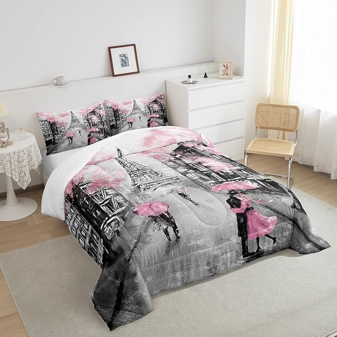 Paris Bedding Set Full Size Pink and Grey Eiffel Tower Comforter Set for Teens Girls Bedroom Decor Watercolor Cherry Blossoms Comforter Couple Retro Gray Building Quilt Comforter 2 Pillow Cases