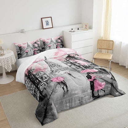 Paris Comforter Set French Eiffel Tower Bedding Sets King For Girls Kids Women Paris Themed Bedroom Decor Watercolor Cherry Blossoms Comforter Couple Retro Gray Building Quilted Duvet Pink Grey 3 Pcs