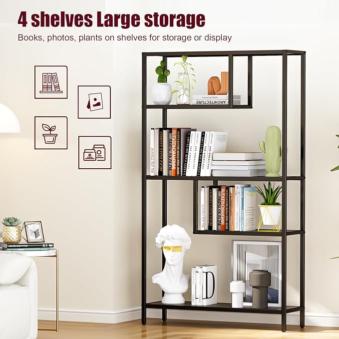 HOME BI Geometric Bookshelf, Tall Modern Etagere Bookcase, Industrial Metal Book Shelf with 5 Open Display Shelves for Office Living Room, Black