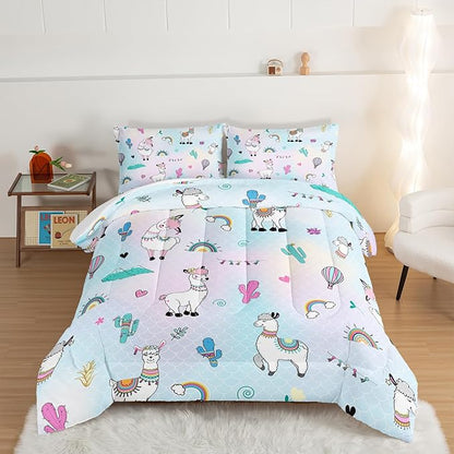 HOSIMA 3 Piece Cartoon Animal Llama Comforter,Cute Alpaca Toddler Comforter,Desert Cactus Plant King Size Comforter Set for Adults Kids,Fish Scales Comforter Rainbow Bedding Sets for Girls Boys.