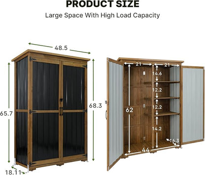 Outdoor Storage Cabinet Wood & Metal with Waterproof Roof, Garden Tool Shed with 4 adjustable reinforced feet with metal brackets, 3 Removable Shelves, 6 T-Hinge, Magnetic door,18.1"D x 49"W x 68.5"H
