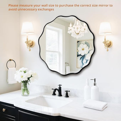 Fabuady Black Round Wavy Edge Mirror - 20'' Circle Wall Mirror with Metal Frame, Decorative Hanging/Leaning Mirrors for Bathroom, Bedroom, Living Room, Hallway, Entryway, Office, Home Decor