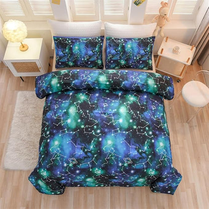 Holawakaka Tie Dye Constellation Print Ombre Comforter Set Queen Size Girls Boys Gradient Galaxy Bedding Set (Black Green,Queen)