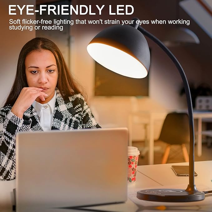 BOHON Desk Lamp, LED Desk Lamp with USB Charging Port, Wireless Charger Desk Light for Home Office, 5 Colors 7 Levels Brightness, Touch Table Lamp for Bedroom Bedside College Dorm Reading, Black