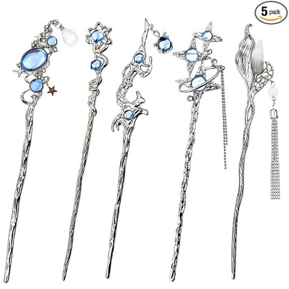 5PCS Star Moon Hair Sticks for Buns Long Hair Chinese Hanfu Asian Vintage Hair Chopsticks Metal Silver Hair Bun Updo Holders Long Hairpins for Women Girls