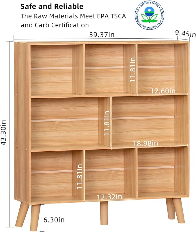 LEYAOYAO Wooden 8 Cube Book Shelf, Natural 3 Tier Bookshelf with Legs, Modern Open Storage Organizer,Boho Bookcase,Display Cabinet Shelf Free Standing Bookshelves for Bedroom,Living Room,Office