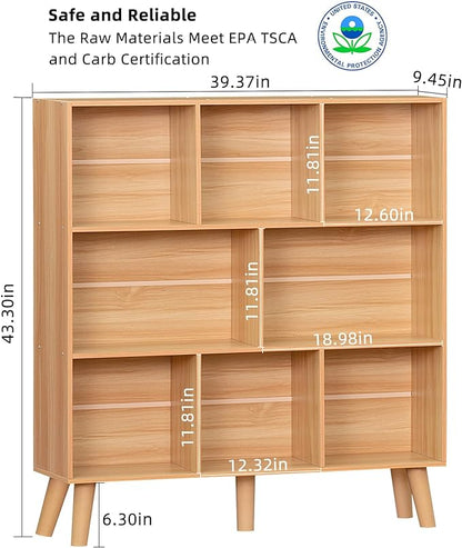 LEYAOYAO Wooden 8 Cube Book Shelf, Natural 3 Tier Bookshelf with Legs, Modern Open Storage Organizer,Boho Bookcase,Display Cabinet Shelf Free Standing Bookshelves for Bedroom,Living Room,Office