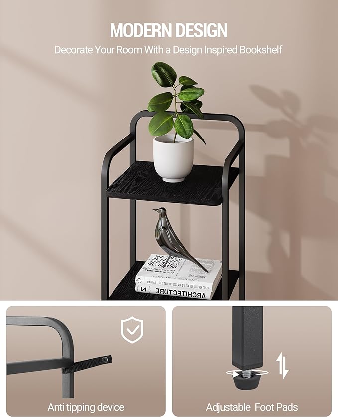 Bookcase Bookshelf, 4-Tier Narrow Book Shelf, Industrial Coner Shelf Storage Organizer, Slim Shelving Unit for Home Office, Living Room, Bedroom, Kitchen, Black BC24404B
