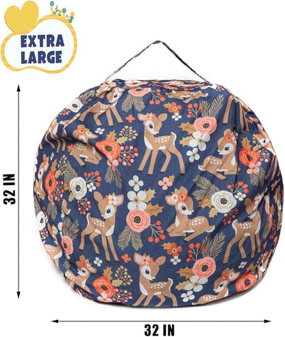 Stuffed Animal Storage Bean Bag Chair Cover, Hold Kids Plush Toys Blankets Towels Beanbag (Cover Only), Canvas Floor Circle Stuff Sit Seat Sofa with YKK Zipper, Large 32", Fawn