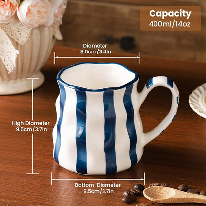 Ceramic Coffee Mug,14 oz Large Mug,Cute Coffee Mug, Ceramic Mug,Hand-Painted Coffee Cup (Blue)