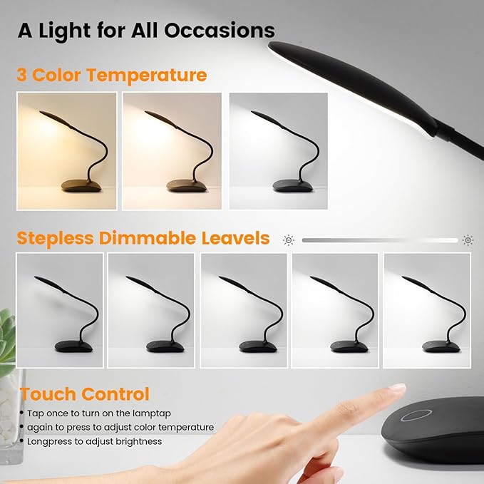 Battery Powered Desk Lamp, Portable Lamps Rechargeable 3 Color Modes Touch Control Stepless Dimming, Wireless Desk Lamp with 2000mAh, Small LED Table Light for Dorm Study Office Bedroom,Black