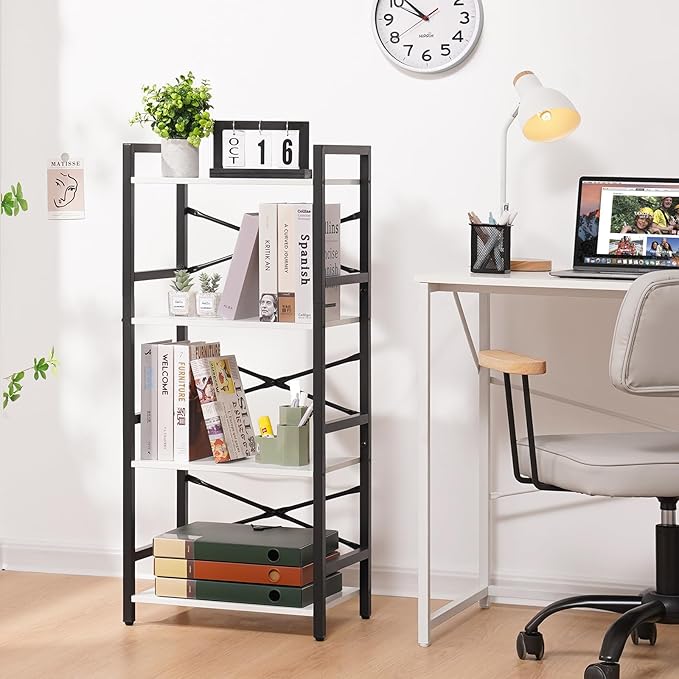 Yoobure 4 Tier Bookshelf - Small Book Shelf Industrial Bookcase, Narrow Book Case Book Storage Organizer for CD/Movie/Book, Bookshelves for Bedroom Office Living Room White
